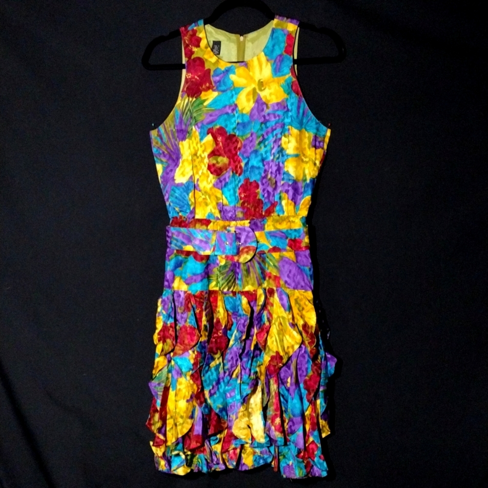 Vintage NWOT Vivid Multicolor Ruffle Bottom Silk Salsa Dress with Belt Size 4